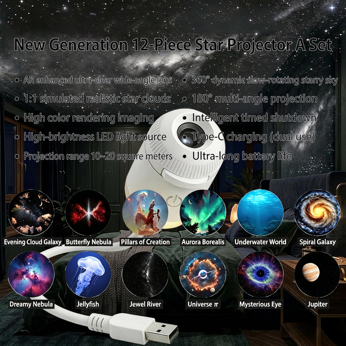 2-in-1 Galaxy Star Projector USB Night Light for Indoor Decor