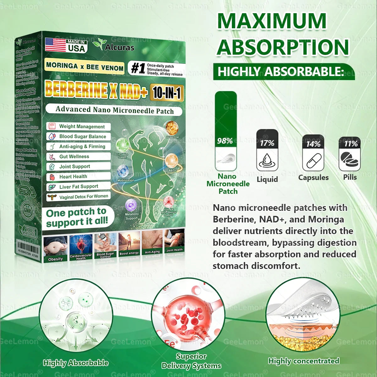 Alcuras® Moringa · Berberine × NAD+ 𝟏𝟎-𝐢𝐧-𝟏 𝐀𝐝𝐯𝐚𝐧𝐜𝐞𝐝 𝐍𝐚𝐧𝐨 𝐌𝐢𝐜𝐫𝐨𝐧𝐞𝐞𝐝𝐥𝐞 𝐏𝐚𝐭𝐜𝐡 — 𝐎𝐧𝐜𝐞 𝐃𝐚𝐢𝐥𝐲, 𝐕𝐢𝐬𝐢𝐛𝐥𝐞 𝐑𝐞𝐬𝐮𝐥𝐭𝐬 𝐢𝐧 𝟕 𝐃𝐚𝐲𝐬