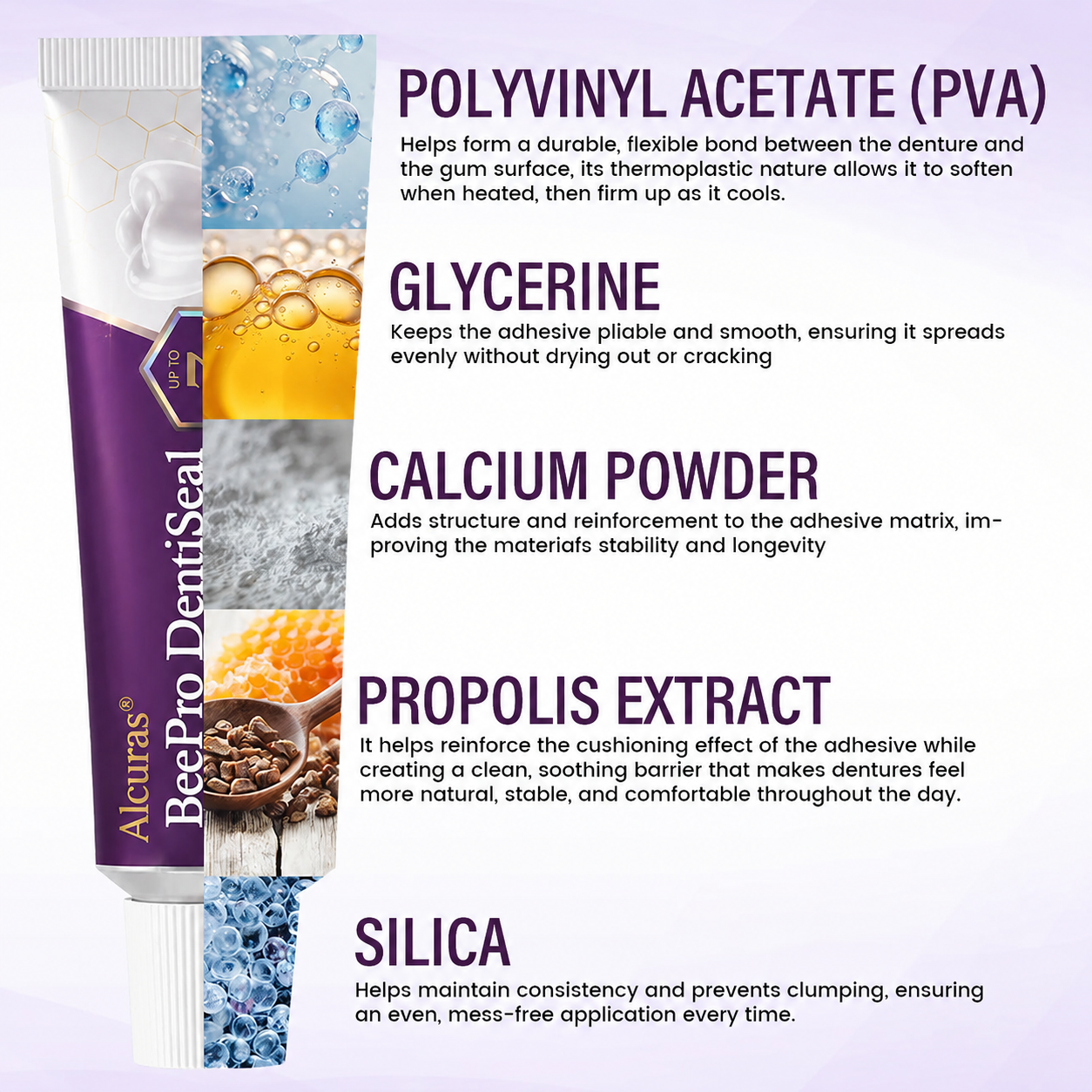Alcuras® BeePro DentiSeal Denture Adhesive🦷🐝💜 FDA Certified (Clinically Proven 96-Hour Lock Hold with Bee Propolis Gum Comfort for Secure, Comfortable & Zinc-Free Denture Fit)