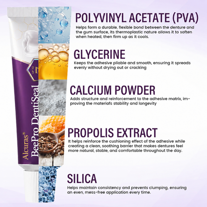 Alcuras® BeePro DentiSeal Denture Adhesive🦷🐝💜 FDA Certified (Clinically Proven 96-Hour Lock Hold with Bee Propolis Gum Comfort for Secure, Comfortable & Zinc-Free Denture Fit)