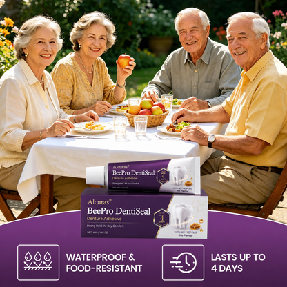 Alcuras® BeePro DentiSeal Denture Adhesive🦷🐝💜 FDA Certified (Clinically Proven 96-Hour Lock Hold with Bee Propolis Gum Comfort for Secure, Comfortable & Zinc-Free Denture Fit)