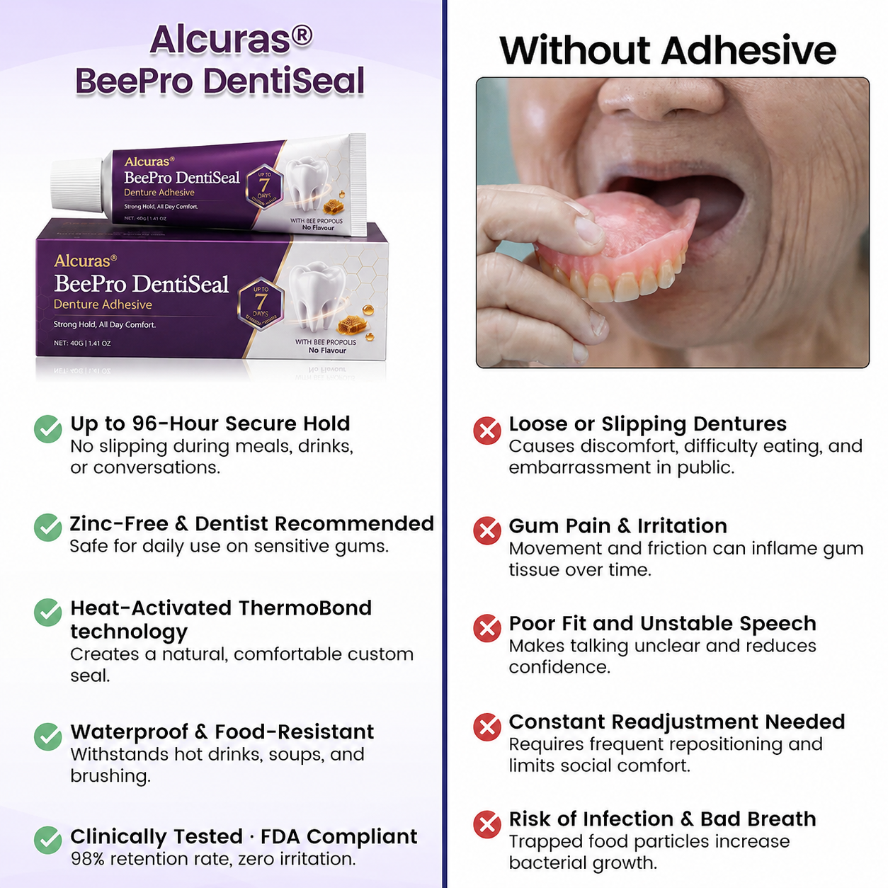 Alcuras® BeePro DentiSeal Denture Adhesive🦷🐝💜 FDA Certified (Clinically Proven 96-Hour Lock Hold with Bee Propolis Gum Comfort for Secure, Comfortable & Zinc-Free Denture Fit)