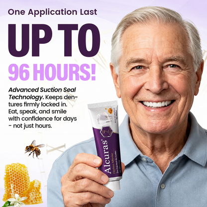 Alcuras® BeePro DentiSeal Denture Adhesive🦷🐝💜 FDA Certified (Clinically Proven 96-Hour Lock Hold with Bee Propolis Gum Comfort for Secure, Comfortable & Zinc-Free Denture Fit)