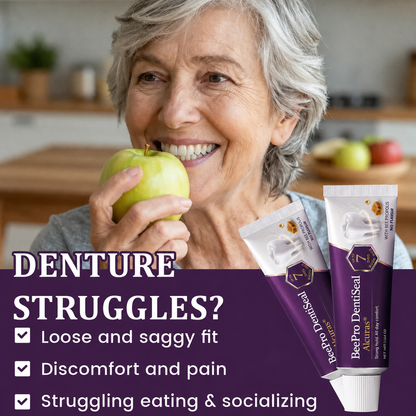 Alcuras® BeePro DentiSeal Denture Adhesive🦷🐝💜 FDA Certified (Clinically Proven 96-Hour Lock Hold with Bee Propolis Gum Comfort for Secure, Comfortable & Zinc-Free Denture Fit)