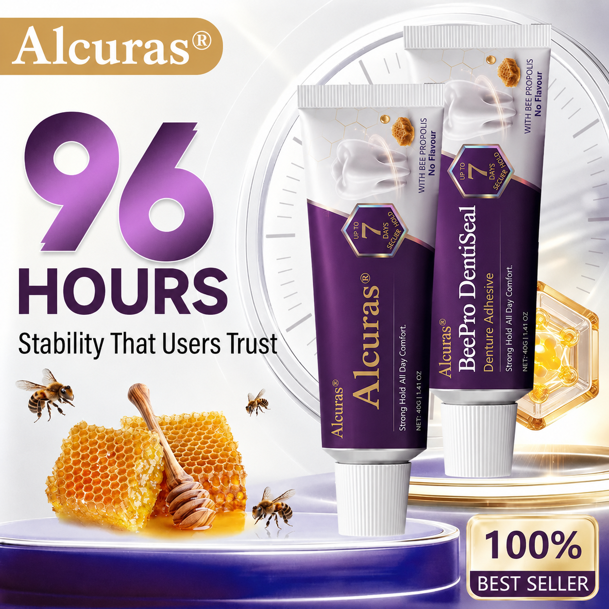 Alcuras® BeePro DentiSeal Denture Adhesive🦷🐝💜 FDA Certified (Clinically Proven 96-Hour Lock Hold with Bee Propolis Gum Comfort for Secure, Comfortable & Zinc-Free Denture Fit)