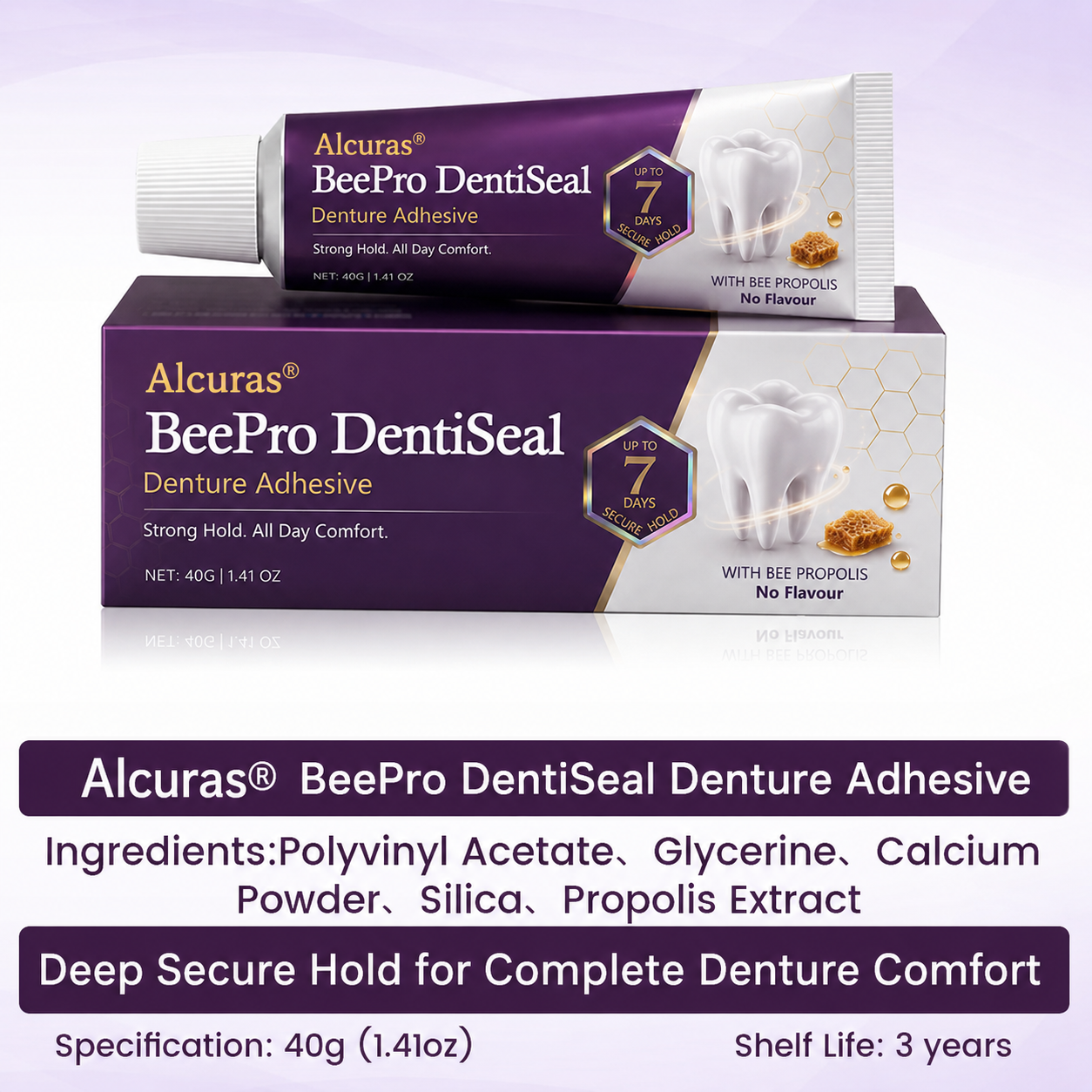 Alcuras® BeePro DentiSeal Denture Adhesive🦷🐝💜 FDA Certified (Clinically Proven 96-Hour Lock Hold with Bee Propolis Gum Comfort for Secure, Comfortable & Zinc-Free Denture Fit)