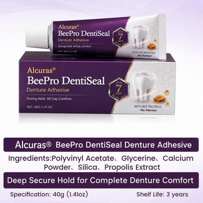 Alcuras® BeePro DentiSeal Denture Adhesive🦷🐝💜 FDA Certified (Clinically Proven 96-Hour Lock Hold with Bee Propolis Gum Comfort for Secure, Comfortable & Zinc-Free Denture Fit)