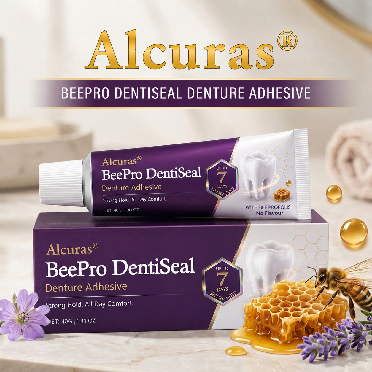 Alcuras® BeePro DentiSeal Denture Adhesive🦷🐝💜 FDA Certified (Clinically Proven 96-Hour Lock Hold with Bee Propolis Gum Comfort for Secure, Comfortable & Zinc-Free Denture Fit)