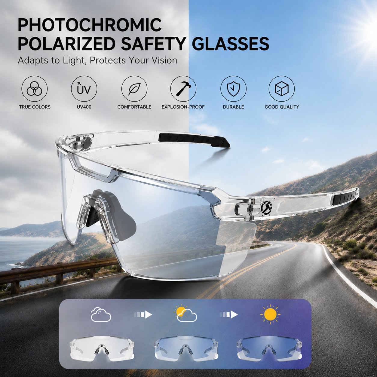 ☀️UV400 Photochromic Polarized Safety Glasses – 🥇Impact Resistant Outdoor Sports & Work Eyewear