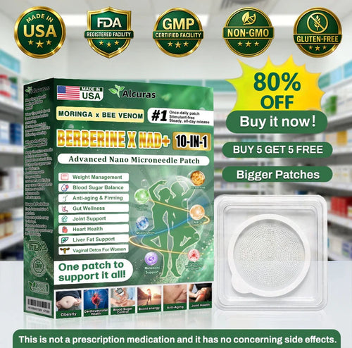 Alcuras® Moringa · Berberine × NAD+ 𝟏𝟎-𝐢𝐧-𝟏 𝐀𝐝𝐯𝐚𝐧𝐜𝐞𝐝 𝐍𝐚𝐧𝐨 𝐌𝐢𝐜𝐫𝐨𝐧𝐞𝐞𝐝𝐥𝐞 𝐏𝐚𝐭𝐜𝐡 — 𝐎𝐧𝐜𝐞 𝐃𝐚𝐢𝐥𝐲, 𝐕𝐢𝐬𝐢𝐛𝐥𝐞 𝐑𝐞𝐬𝐮𝐥𝐭𝐬 𝐢𝐧 𝟕 𝐃𝐚𝐲𝐬