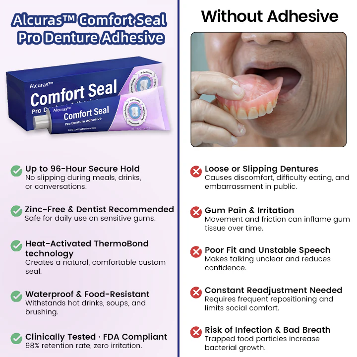 Alcuras® Comfort Seal Pro Denture Adhesive🦷💜(96- Hour Lock Hold, Comfortable & Zinc-Free Denture Fit) 🔥