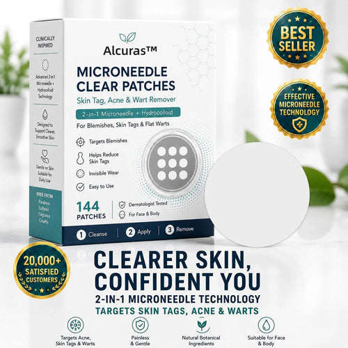 ✨Alcuras®2-in-1 Microneedle & Hydrocolloid Patch🍀| Removes Raised Moles, Acne, Flat Warts & Skin Tags | Helps Improve Wrinkles, Scars & Blemishes | Invisible Patches for Face & Body