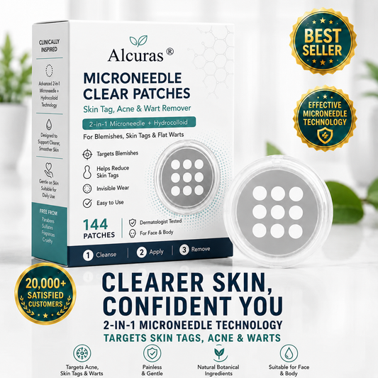 Alcuras® 2-in-1 Microneedle & Hydrocolloid Patch🍀| Removes Raised Moles, Acne, Flat Warts & Skin Tags | Helps Improve Wrinkles, Scars & Blemishes | Invisible Patches for Face & Body